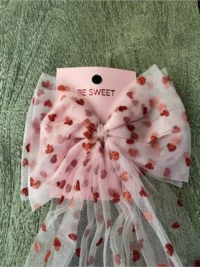 Target Pink Tulle Bow Hair Clip with Metallic Rose Hearts